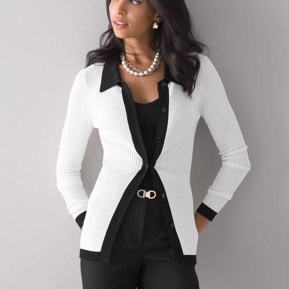 new white house black market contrast tipped ribbed spring sweater XS